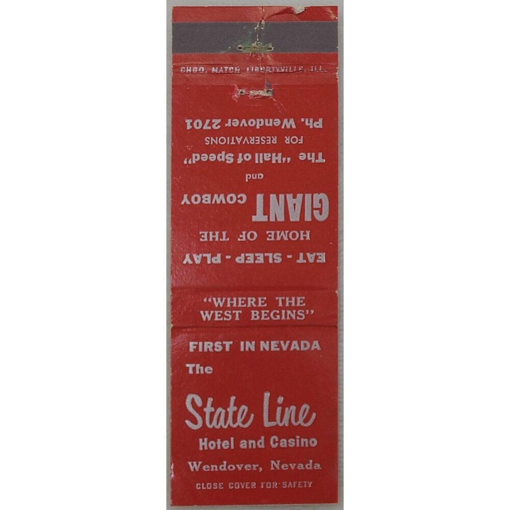 Vintage Matchbook Cover State Line Hotel & Casino Wendover NV Nevada Red